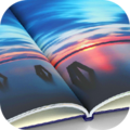 Livre photo ouvert avec une photo de paysage au coucher de soleil.